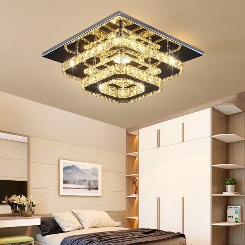 Modern LED Crystal Ceiling Light 2-Square Chandelier Lamp LED Flush ...