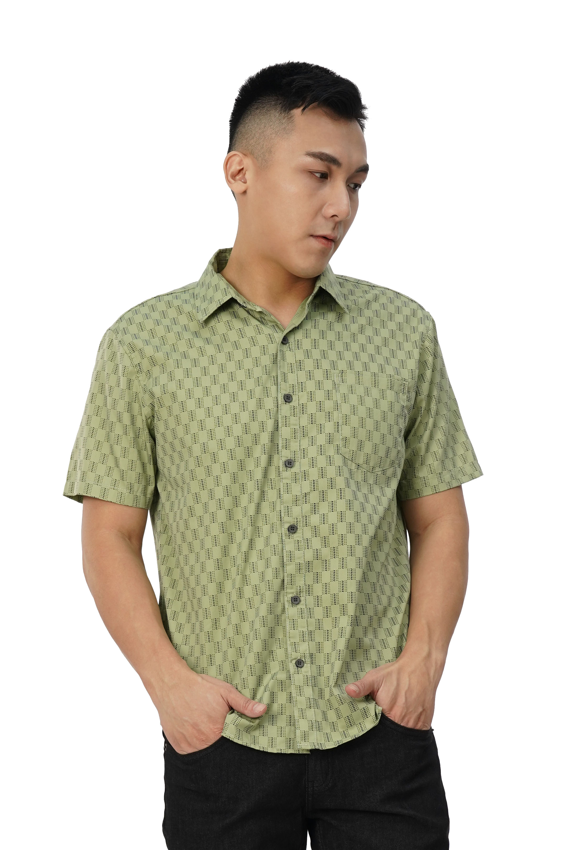 Bff Men Pattern Green Shirt Kemeja Lelaki Corak Berkolar Lengan Pendek