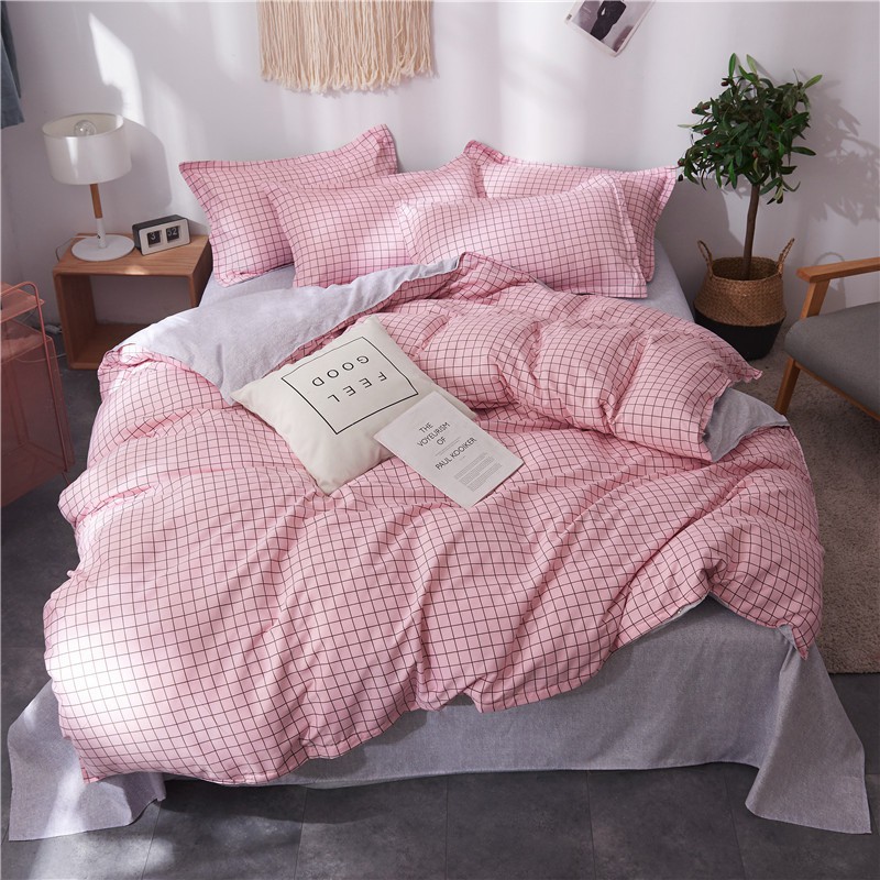 Smjn 4 In 1 Plaid Pink Bedding Set Duvet Cover Flat Sheet