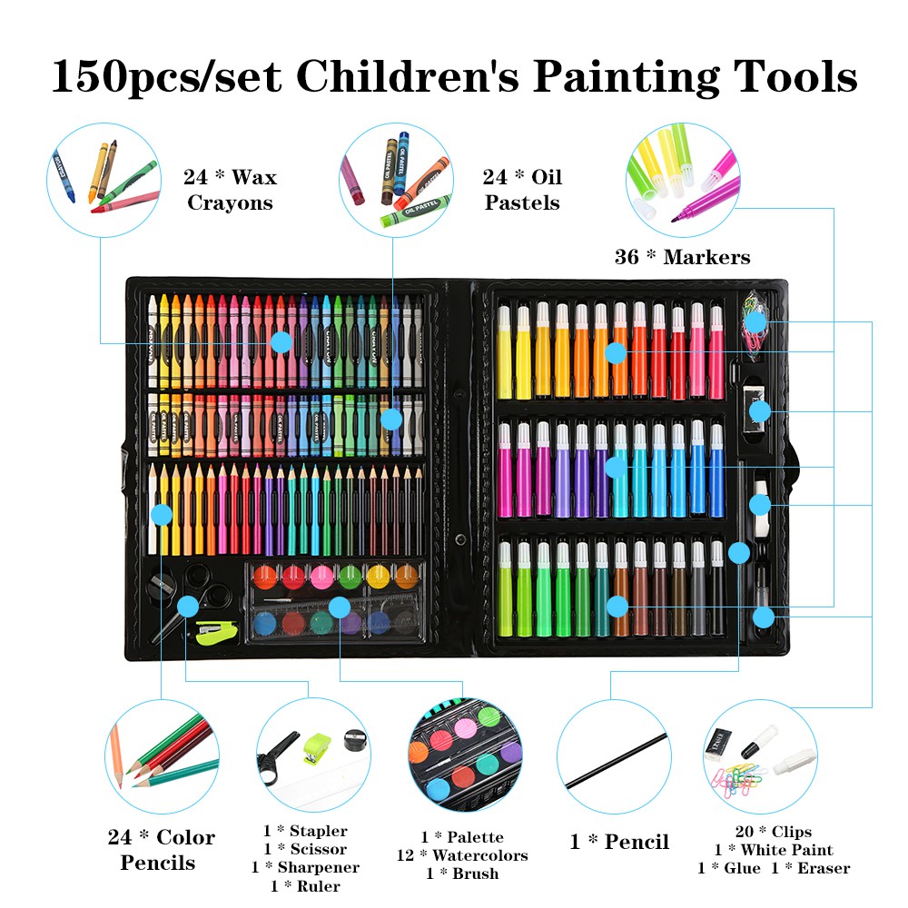 Full Complete Set 150pcs Kids Painting Pen Colour Crayon Marker Pencil Drawing Art Set Coloring Set With Storage Case Shopee Malaysia