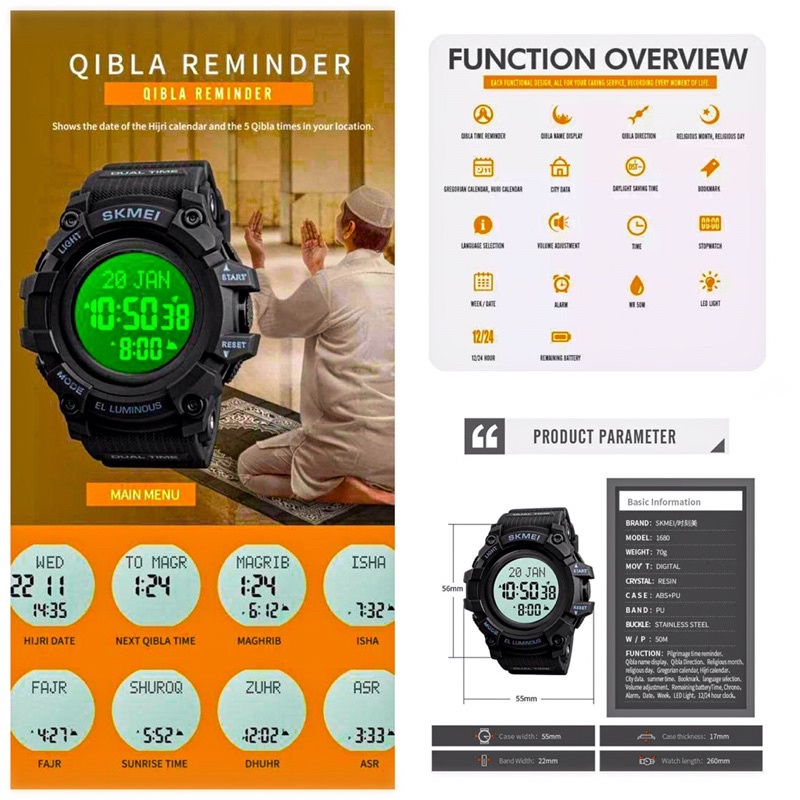 SKEMEI muslim fashion sport Waterproof Watch Chronograph Qibla
