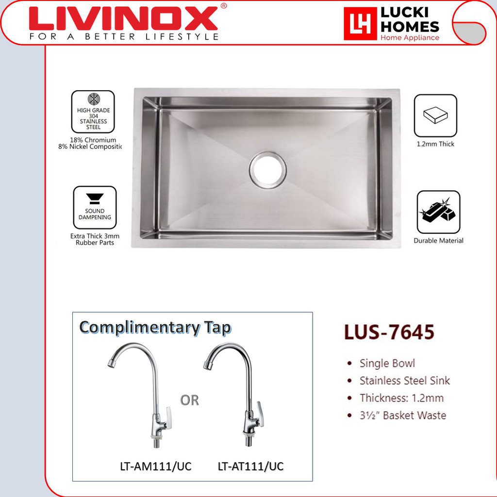 Livinox Under Mount Stainless Steel Sink LUS7645 with Complimentary