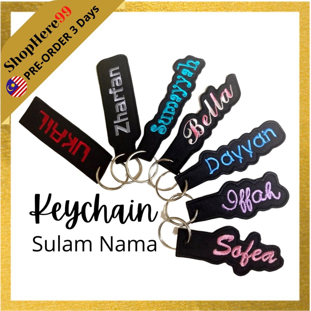 Keychain sulam nama customized keychain custom made keychain plate number kereta rumah tag beg sekolah pencil case