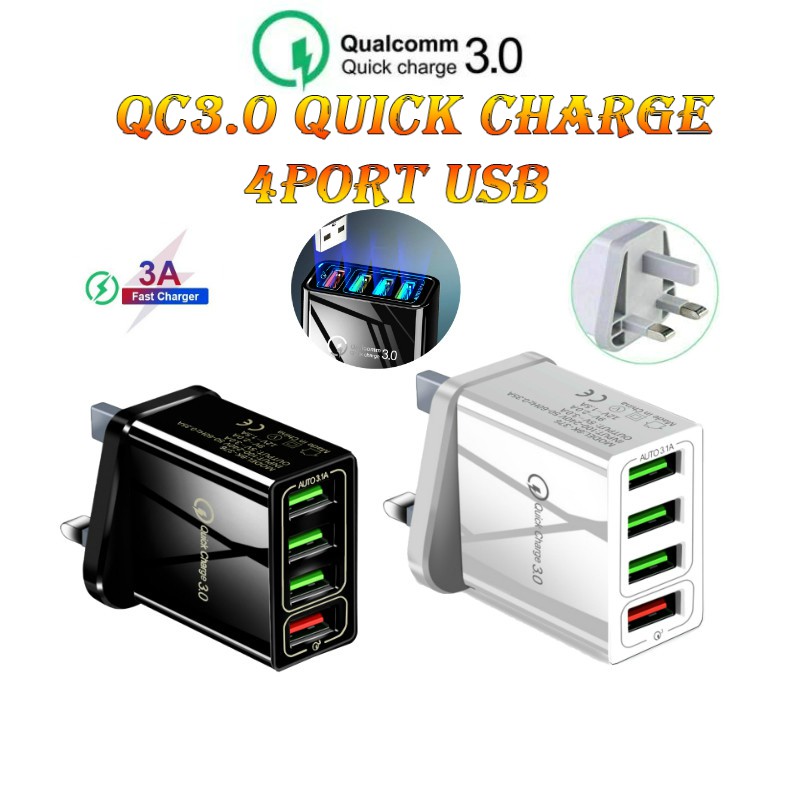 QC3.0 Quick Charge 4Port USB 48W Charger Adapter UK Plug Fast Charging