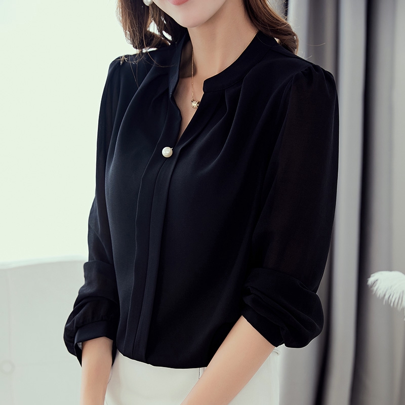 Women's Chiffon Long Sleeve Blouse Black Casual Loose V Neck Shirts ...