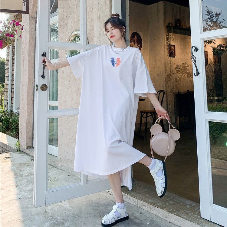 Loose T Shirt Dress Women Summer 2021 New Cotton Oversize Casual Korean Style Midi Dresses Heart Print