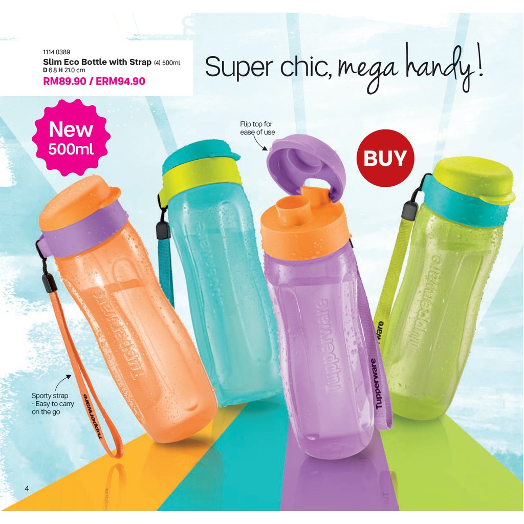  Tupperware  Slim Eco Bottle with Strap 500ml Dwicolour 