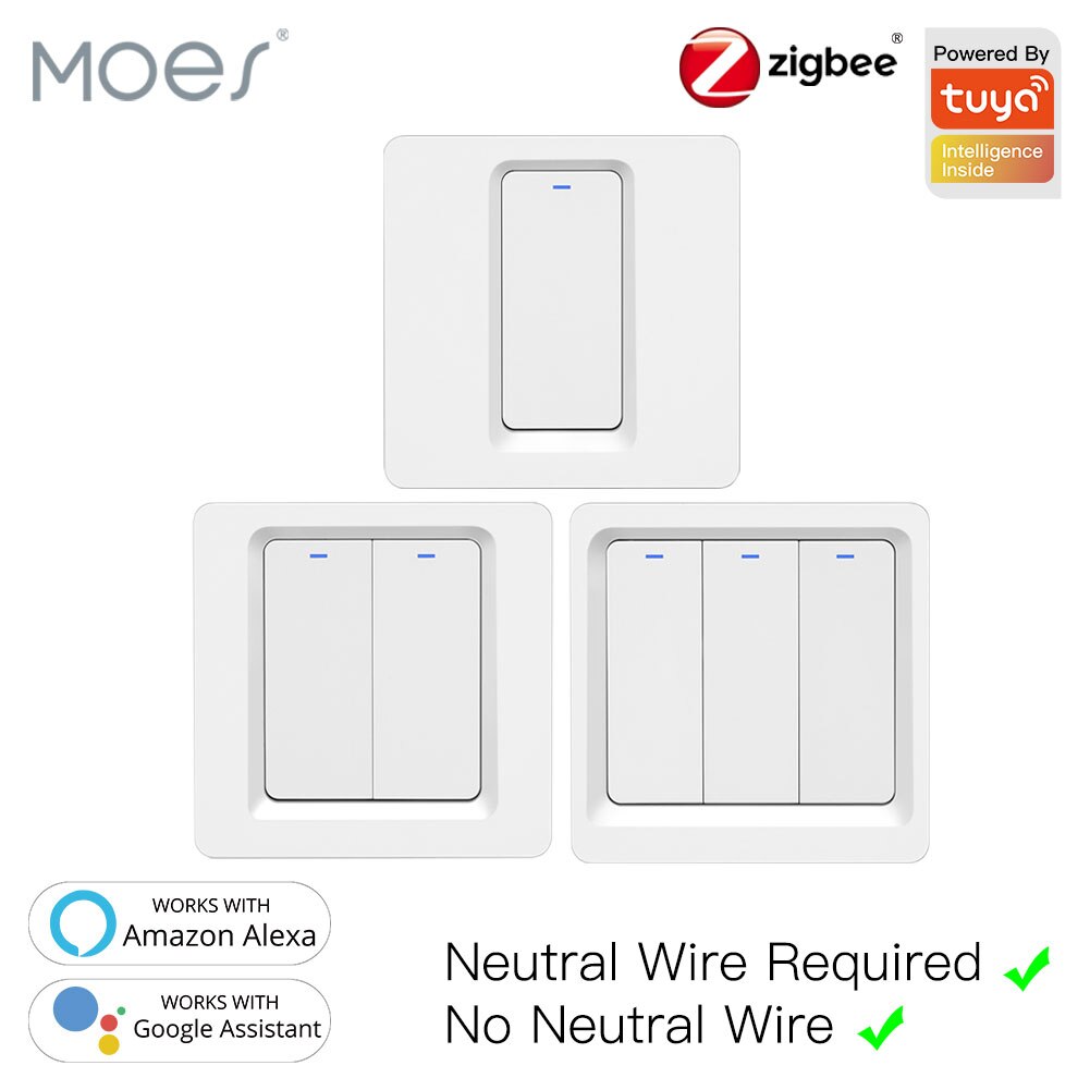 Moes Tuya Zigbee Smart Switch Push Button Wall Light Switch No Neutral 