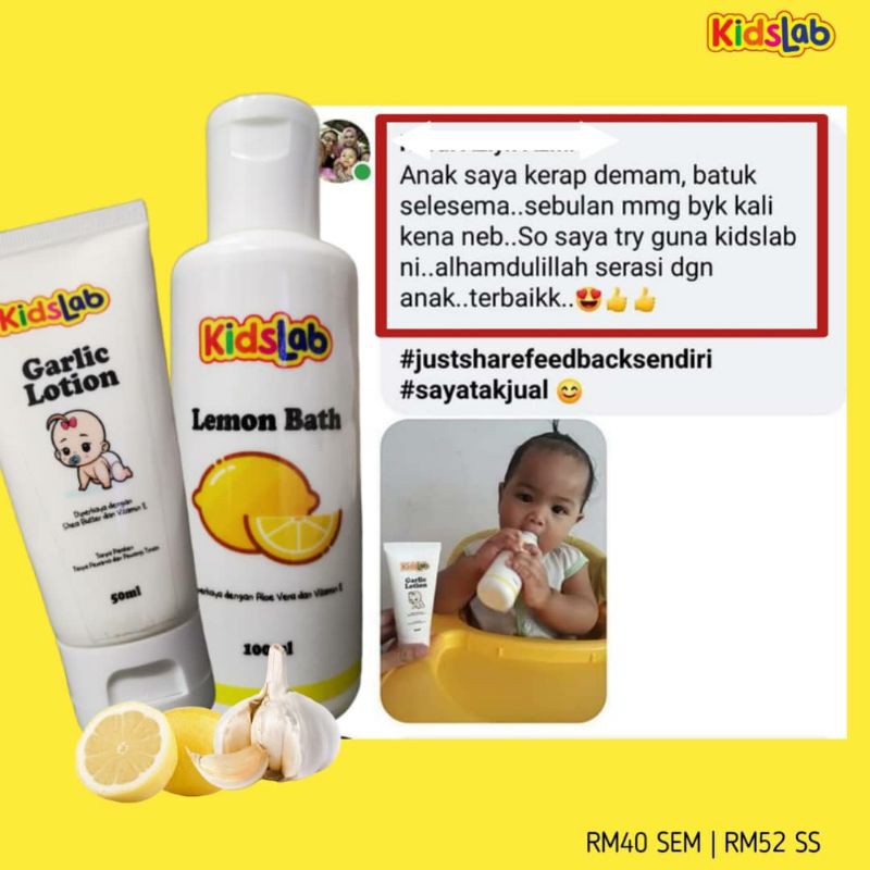Kidslab Garlic Lotion Lemon Bath Untuk Demam Selsema Dan Batuk Berkahak Percuma Penyedut Hingus Shopee Malaysia