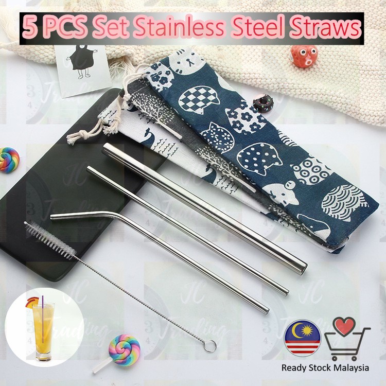 Ready Stock 5 Pcs High Quality Stainless Steel Straws 7 Colors Reusable Washable Straight Curve Metal Drinking Straw