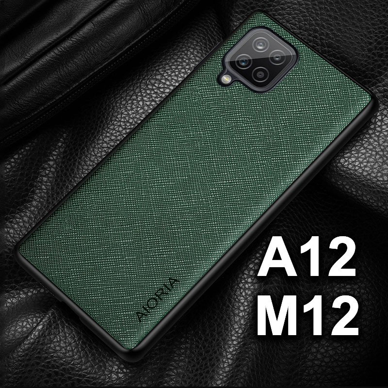 SKINMELEON Casing Samsung A12 Casing Samsung M12 Case Elegant Cross Pattern PU Leather Case Protective Cover Phone Case