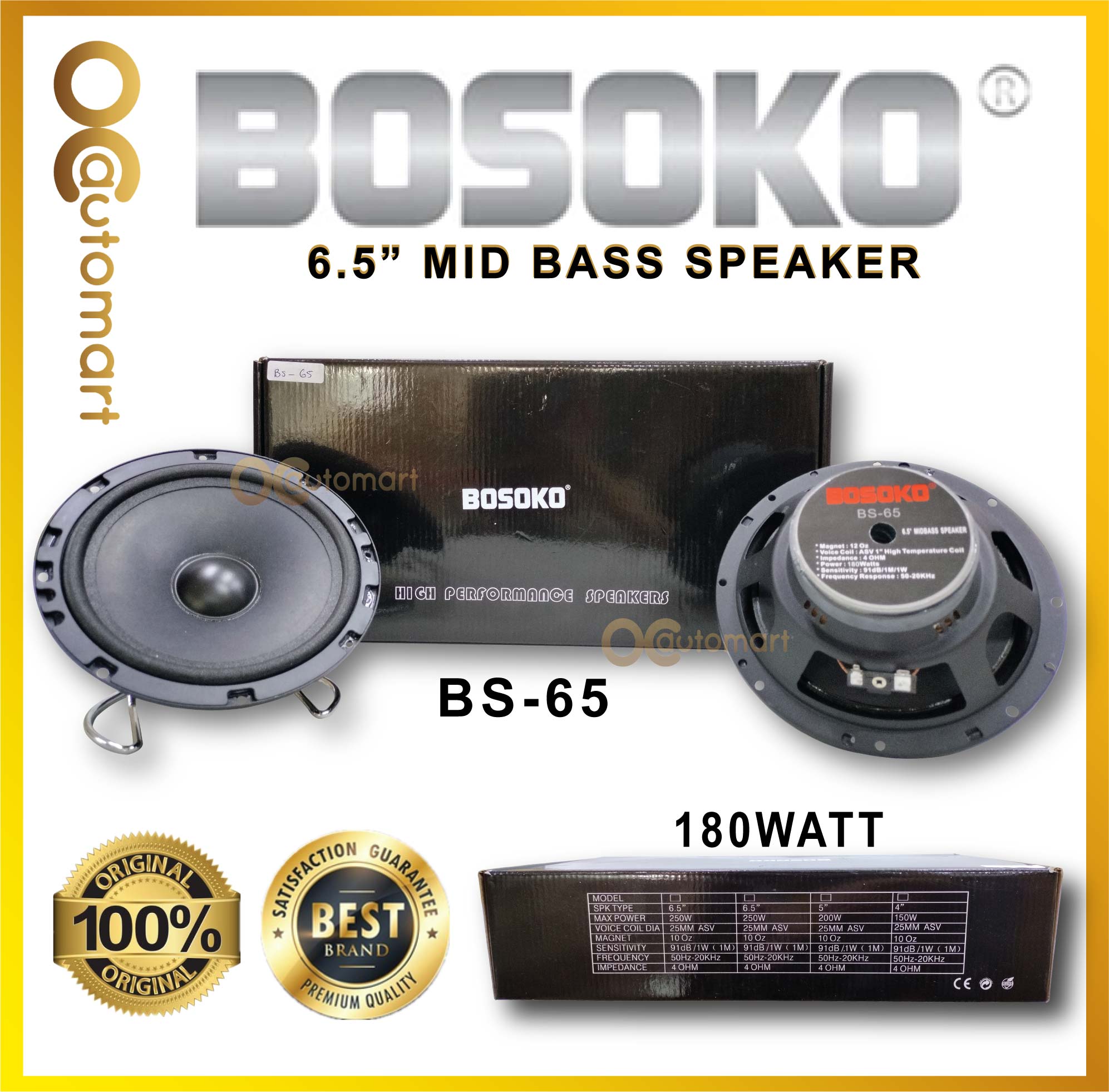 Bosoko 6.5" Mid Bass High Performance Car Speaker 180w (BS-65)