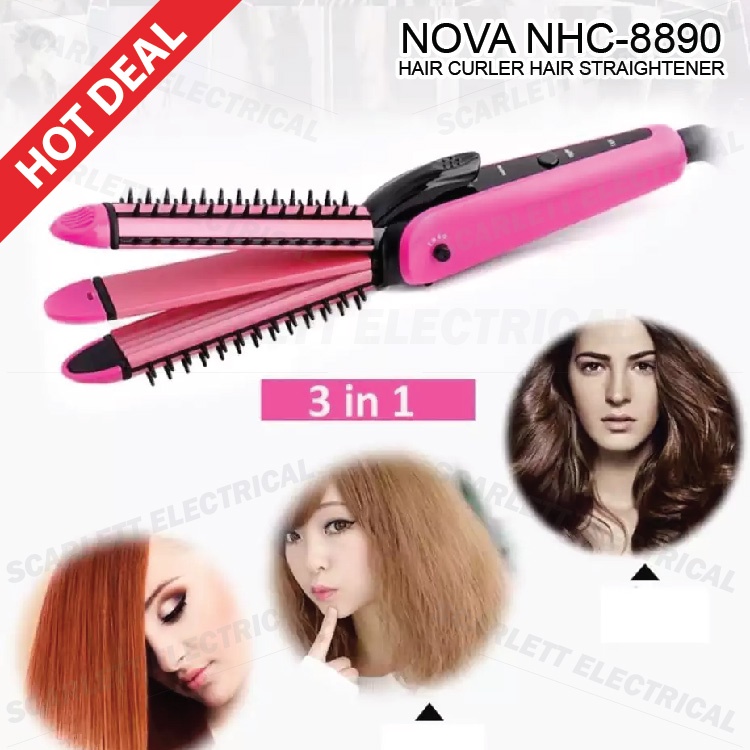 Nova NHC-8890 3 in 1 Hair Comb Iron Straightener/Curler/Waffle Styler Sikat  Rambut 3 Dalam 1 | Shopee Malaysia
