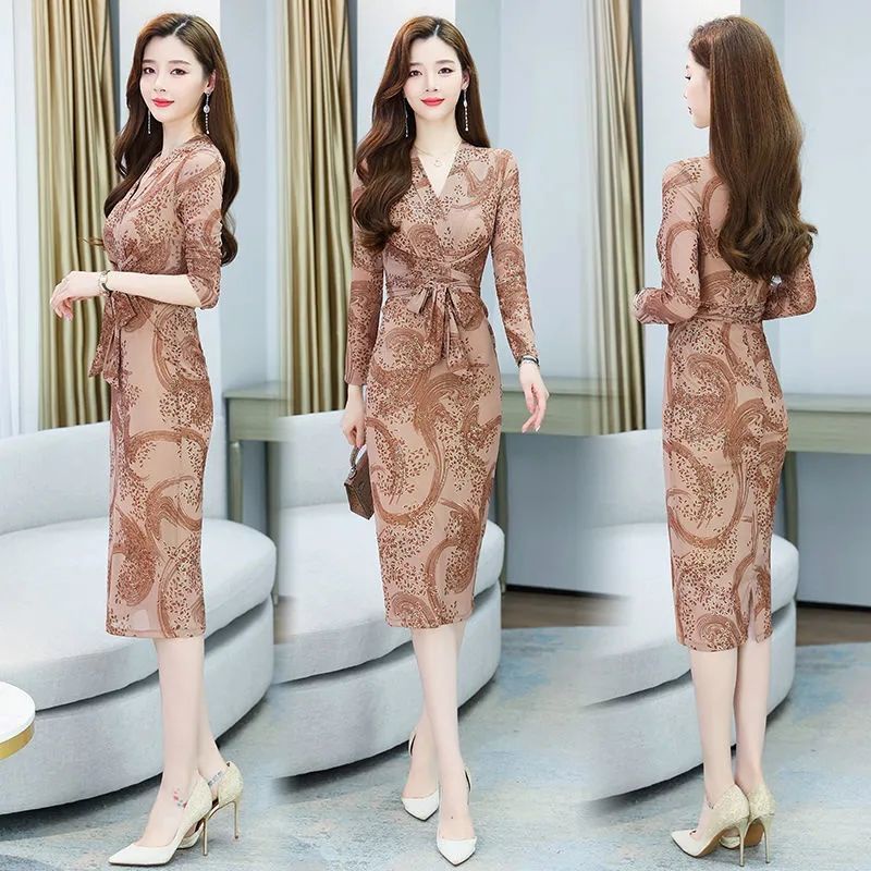New spring and summer light luxury bronzing printing commuter waist temperament bag hip long-sleeved dress women