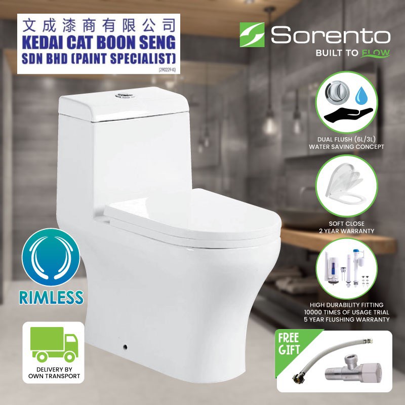 SORENTO One Piece Rimless Water Closet Bathroom Toilet Bowl Bilik Air