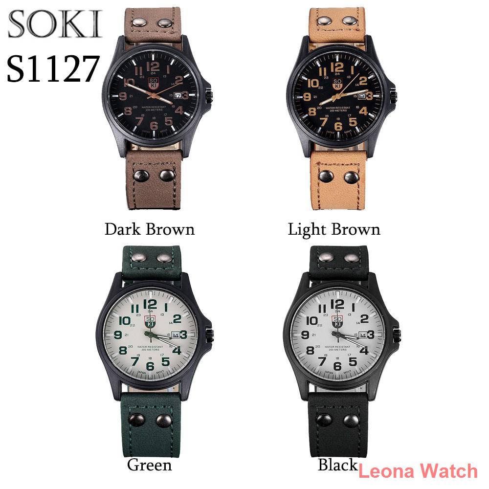 qiblat watch ❂✟㍿[READY STOCK] Original Soki Military Calendar Sport Watches Fashion Leather Analog Men Watch