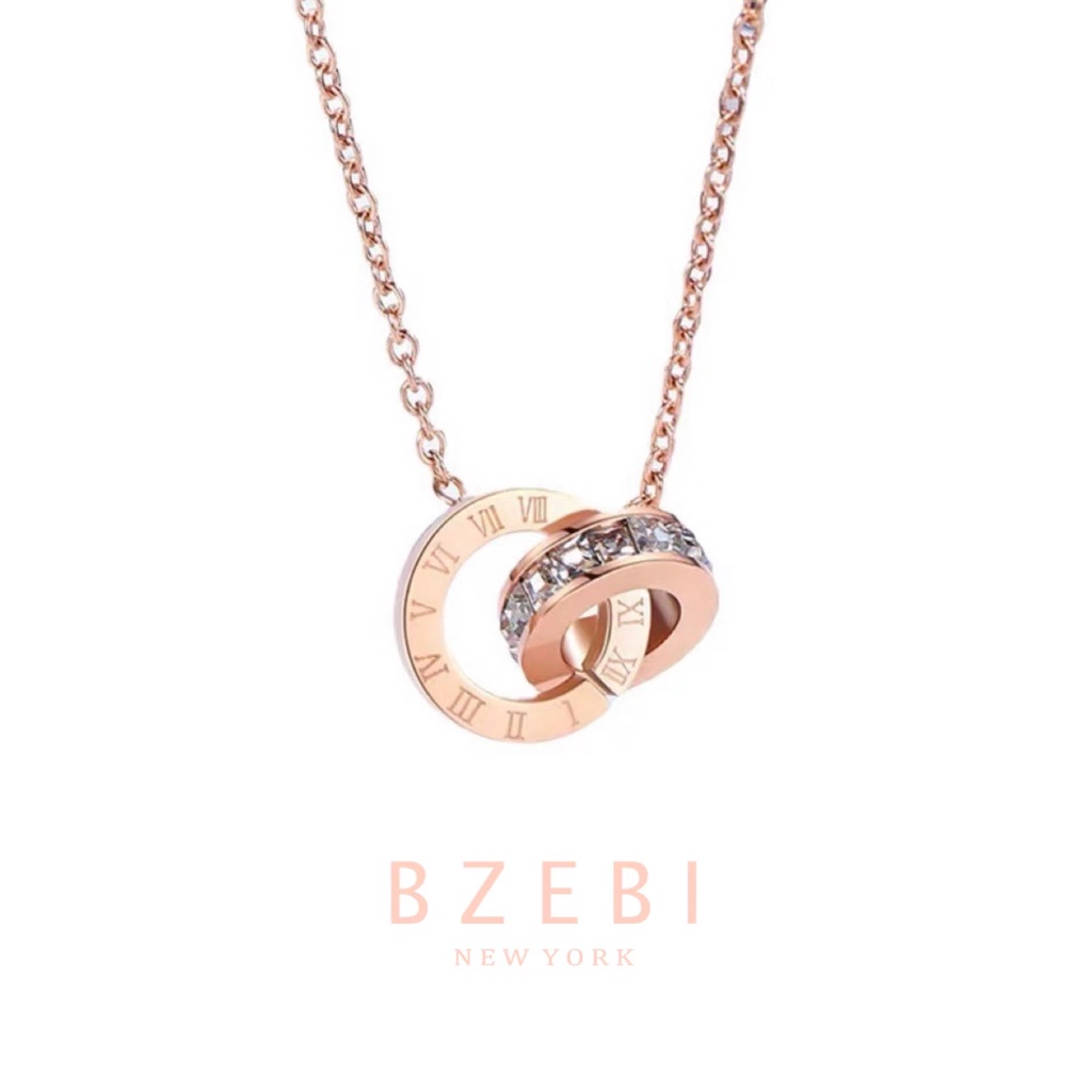 BZEBI Roman Numeral Interlocking Pendant Necklace Gold Rose Gold Titanium Steel Fashion Jewellery with Exclusive Box 961n