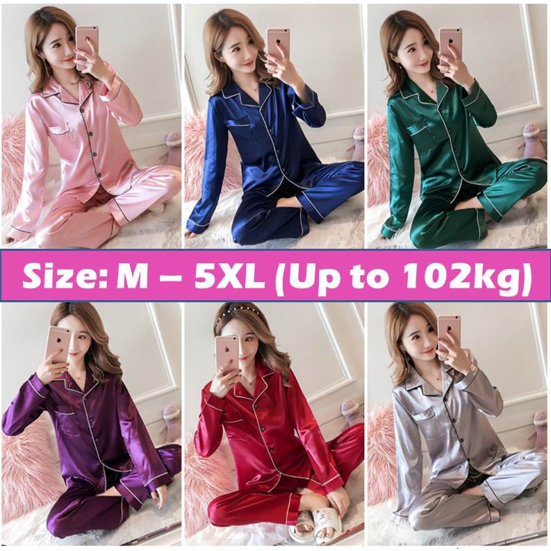 Ready Stock In Malaysia Sbf Plus Size M 5xl Satin Long Sleeve Pajamas Baju Tidur Silk Pyjamas Sleep Shopee Malaysia