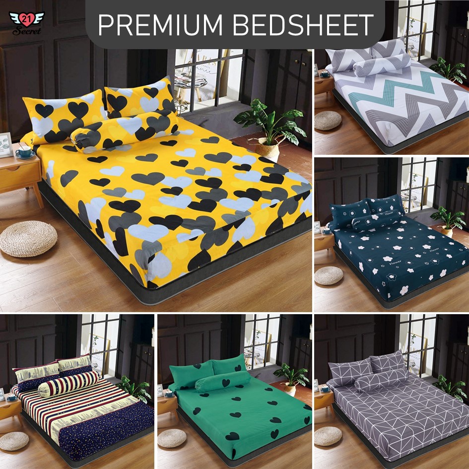 Premium Cotton Bedsheet 4 In 1 Queen 2 In 1 Single Fitted Getah Keliling Cadar Sarung Katil Sarung Tilam Lapis Katil