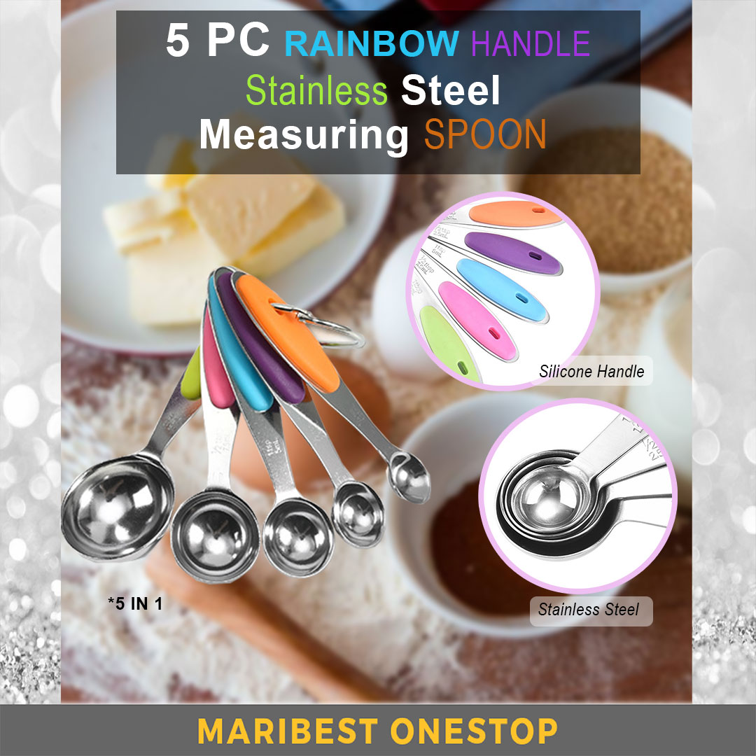 5PC RAINBOW HANDLE STAINLESS STEEL MEASURING SPOON COOKING BAKING KITCHEN TOOLS ACCURATE MEASURE REMOVABLE 