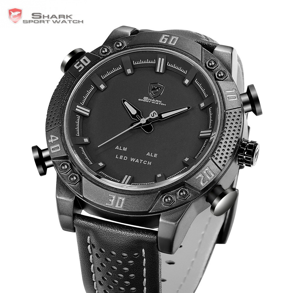 Kitefin Shark Sport Watch Black Quartz Leather Waterproof Mens Wristwatch SH262