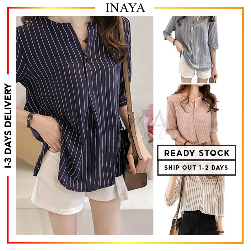INAYA Women Blouse Tops Stripe Vcollar Blouses Shirts Shirt Loose Top