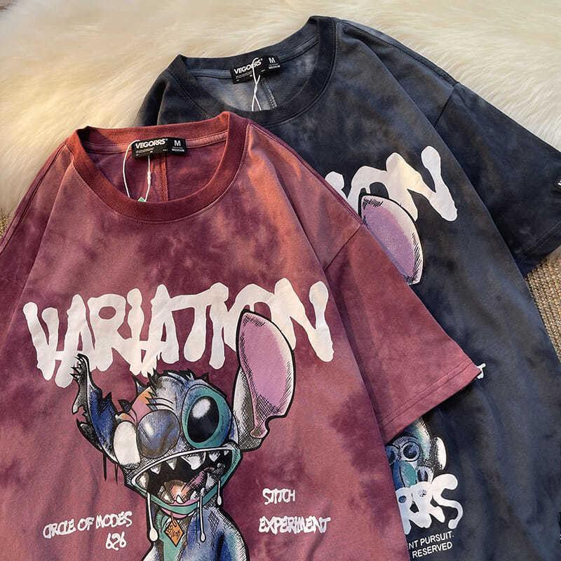 European American Style ins Street Wear Tie-Dye Cartoon Short-Sleeved T-Shirt Men Women Summer Loose All-Match Student T欧美式ins潮牌扎染卡通短袖T恤男女夏季宽松百搭学生上衣情侣装Pakaian T-shirt dengan lengan pendek untuk lelaki dan perempuan di musim panas yang bebas dan pelbagai m