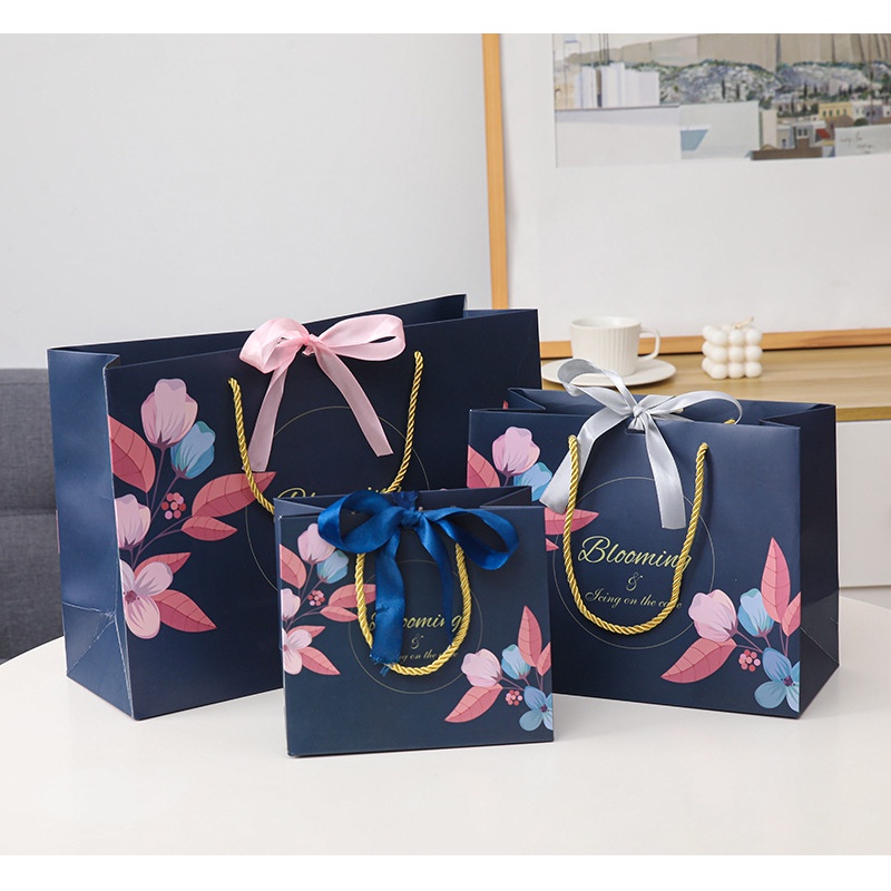 Navy Floral Gift Paper Bag With Random Ribbon 