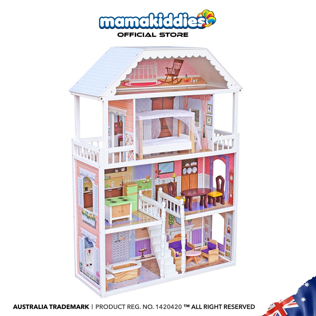 Mamakiddies Brighton Dollhouse Mansion For Kids Toys Pretend Playset Big Wooden Doll House Rumah