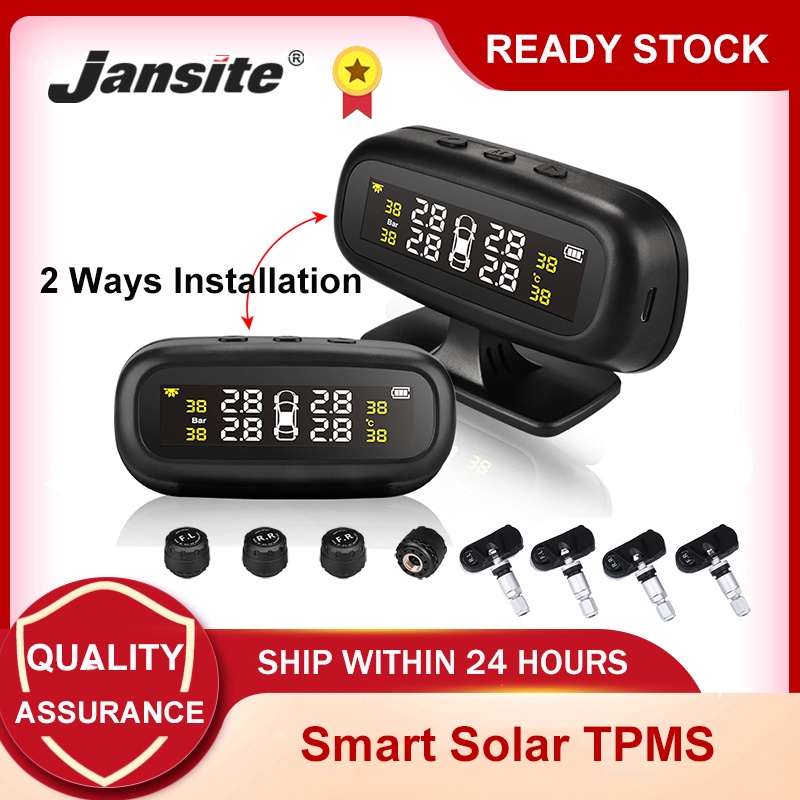 Jansite Smart Voice Prompts Tire Pressure Monitoring System Universal Wireless Real Time TPMS Solar Powered Max 87 PSI/6 BAR with 4 IP67 Waterproof External Sensors 