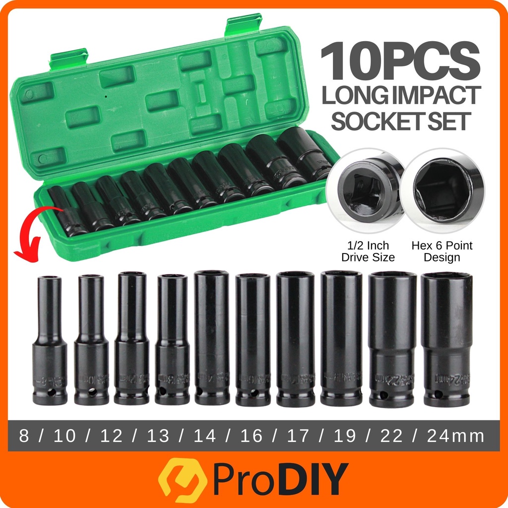 10PCS 1/2 Inch Long Impact Socket Set Black Deep Box Set Tool Set 8mm - 24mm