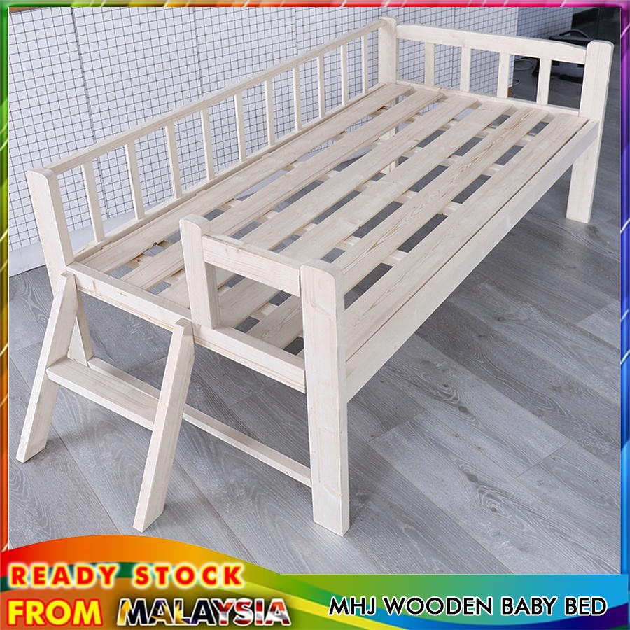 MHJ Wooden DIY Baby Bed Cot Attached to Parents Side Bed With Guardrail & Staircase Katil Budak