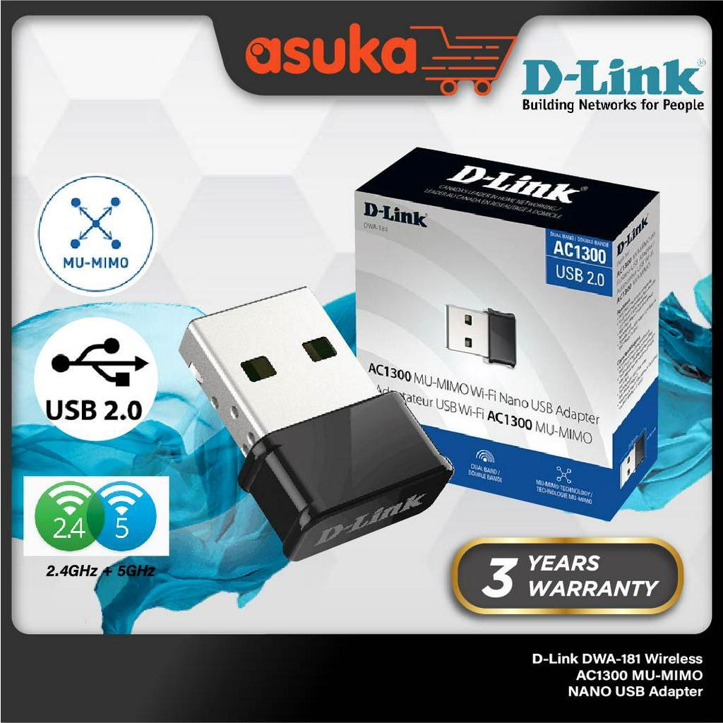 D-Link DWA-181 Wireless AC1300 MU-MIMO NANO USB Network Adapter For PC/Laptop