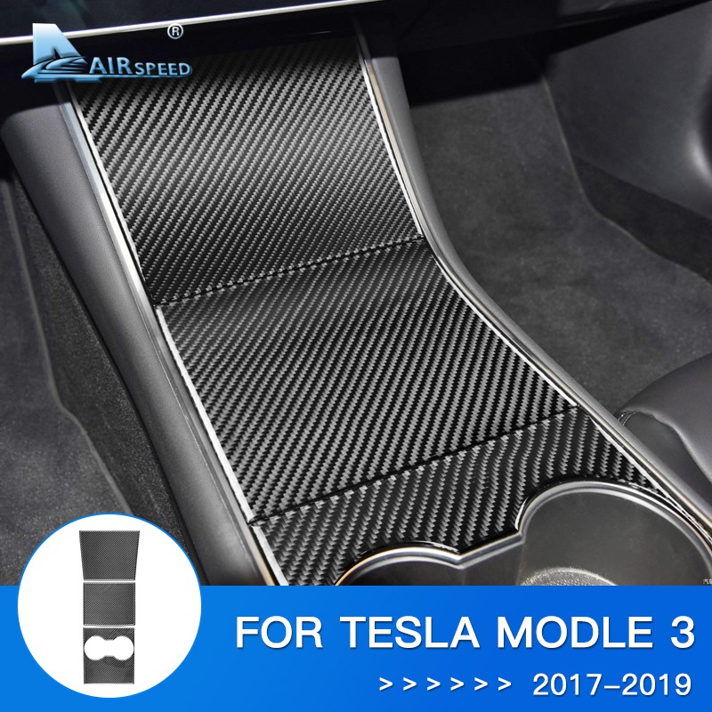For Tesla Model 3 Accessories Carbon Fiber Interior Center Console Storage Box Cover Cup Holder Cover Sticker Decoration