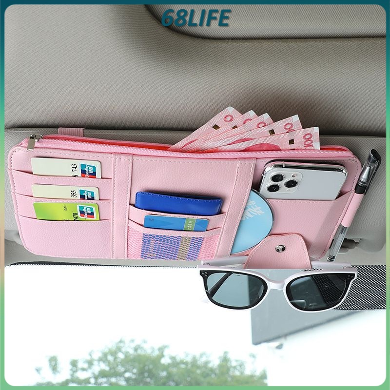 [M'Sia Stock] Car Sun Visor Interior Accessories Storage Bag organizer PU Leather Card Holder Sunglass Clip Pen