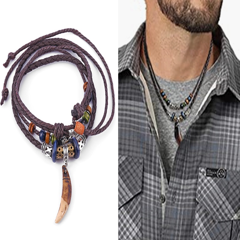 1Pc Boho Hipppie Wolf Tooth Pendant Necklace Vintage Tribal Double Layered Black Braided Beaded Choker Unisex Jewelry Accessories