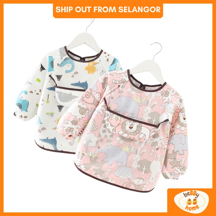 Baby Bibs 0-2Y Baby Feeding Bib Waterproof Eating Drawing Kalis Air Long Sleeve Short Cotton Apron Toddler BLW Baju Raya