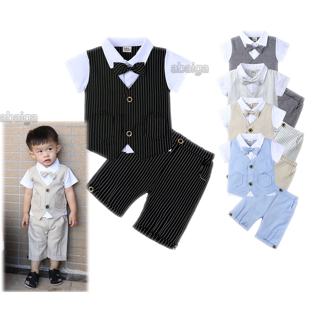 2pcs Baby Boss Formal Outfit Gentleman Suit Baptism Kids Clothes Summer Stripe Short Sleeve Shirt Shorts Pants Birthday Wedding Bowtie Tuxedo