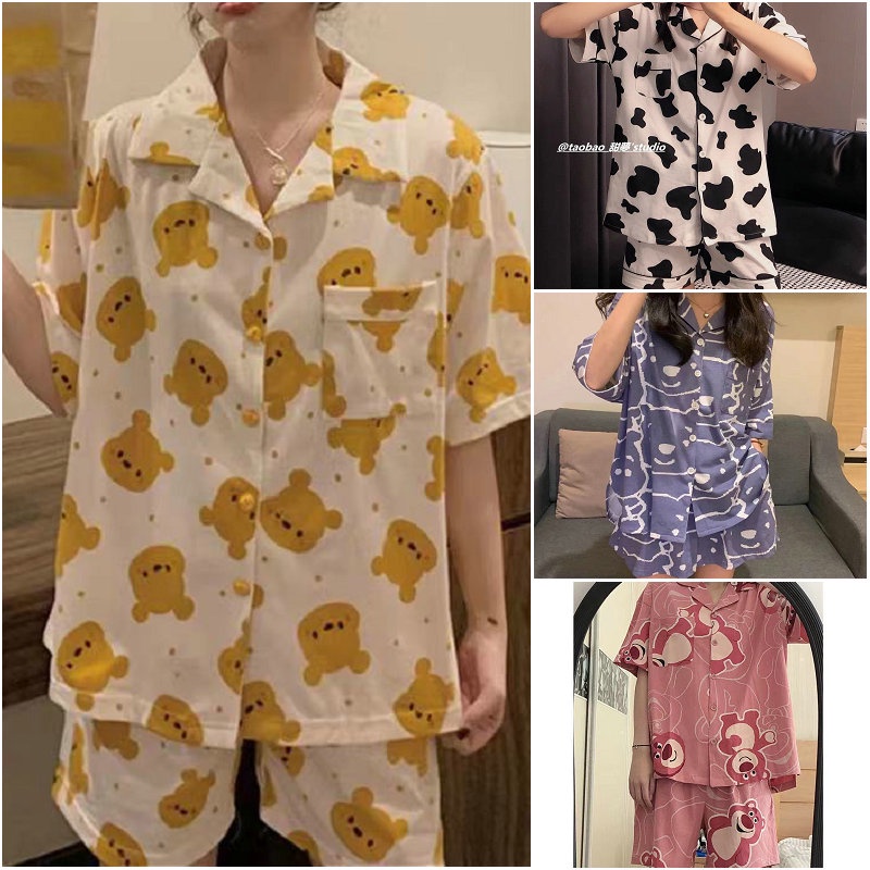 【READY STOCKS】Baju Tidur Wanita New Fashion 2022 Pajamas Women's Summer Cardigan Short-sleeved Shorts Plus Size Cute Outer Wear Home Service Suit Short Sleeve Pajamas Homewear Set