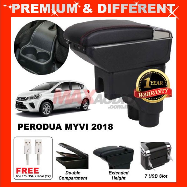 PERODUA MYVI GEN3 ARMREST 2018 2021 Tempat Merehat Lengan Adjustable 7 USB Charge Port Cup