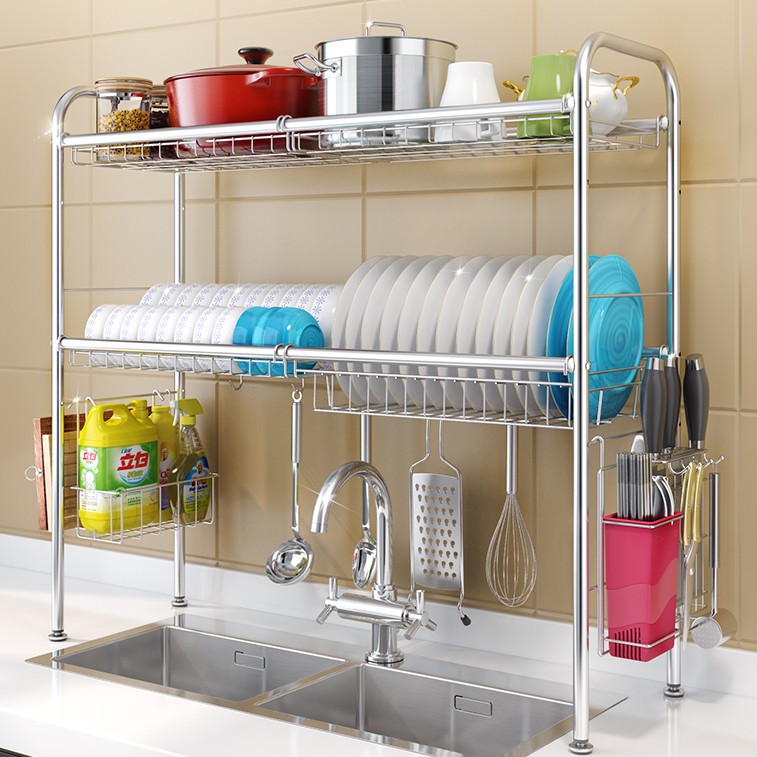 2 Layer Stainless Steel Dish Rack Kitchen Sink Rack Drainers Rak ...