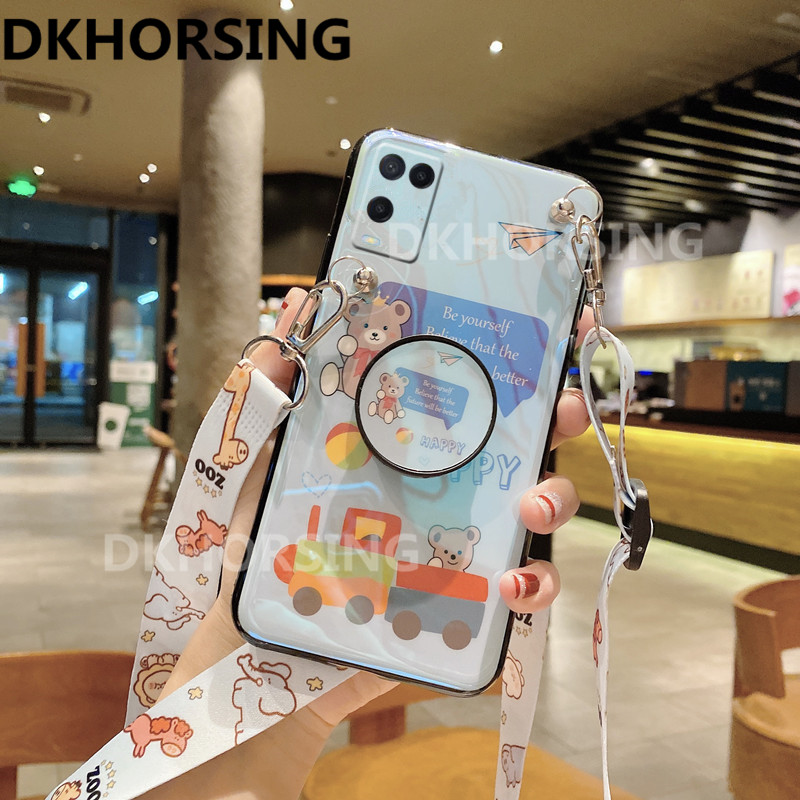 Ready Stock Phone Case 21 Hot New Oppo A54 3d Cute Cartoon Bear Couple Bracket Handphone Case Silicone Blue Light Softcase Cover With Strap Casing Oppoa54 4g