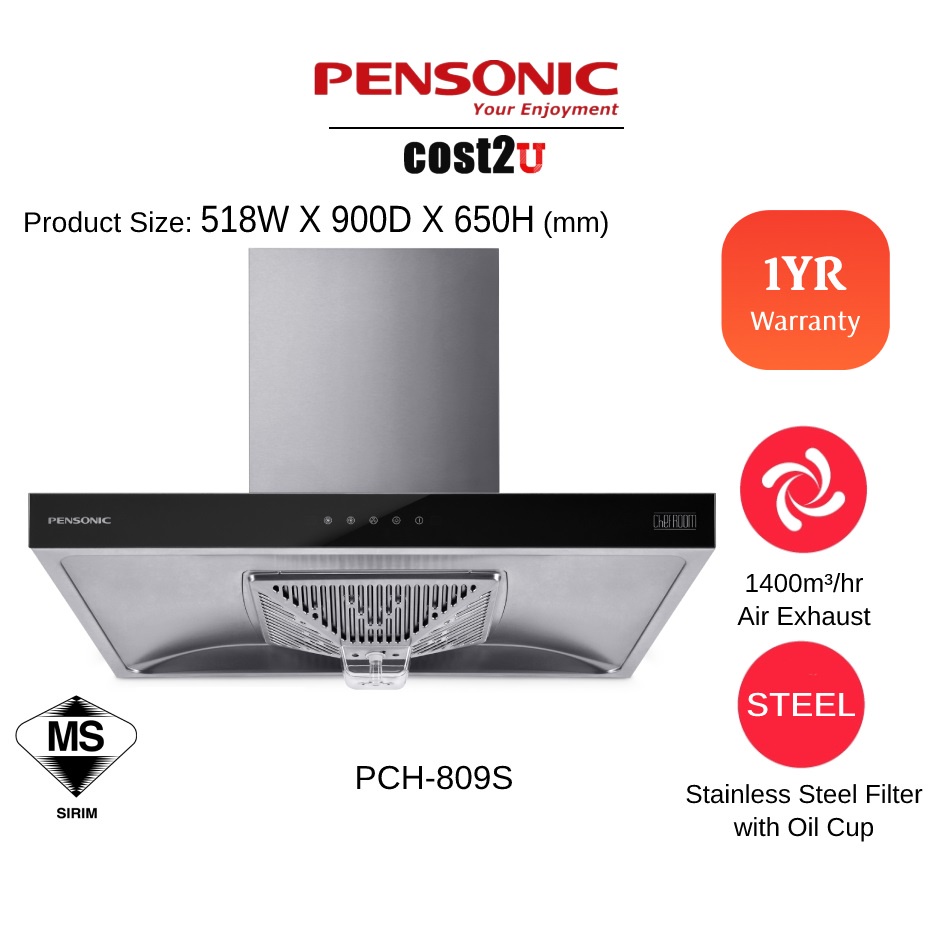 Pensonic 90cm (1400m³/h) Chimney Stainless Steel Hood | PCH-809S PCH-810S (Hoods Range Hoods Kitchen Hoods 抽油烟机)