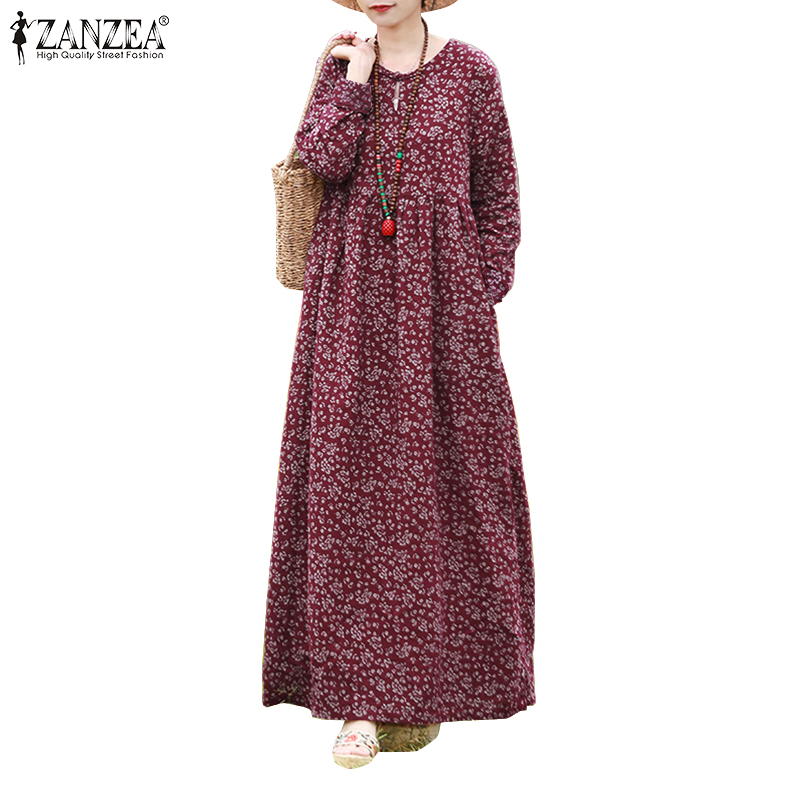 ZANZEA Women Long Sleeve Floral Printed Vintage Crew Neck With Side Pockets Cotton Maxi Dress