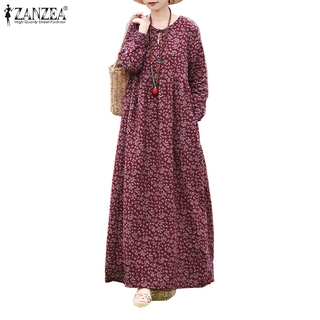 Image of ZANZEA Women Long Sleeve Floral Printed Vintage Crew Neck Maxi Dress