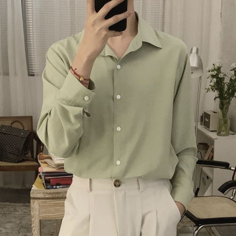 ✦MOLLGE✦ South Korea New Mint Green Shirt Men Korean Version Of The Long Sleeved Trend Summer Thin Loose High End Shirt Men Business Shirt baju kemeja lelaki lengan panjang