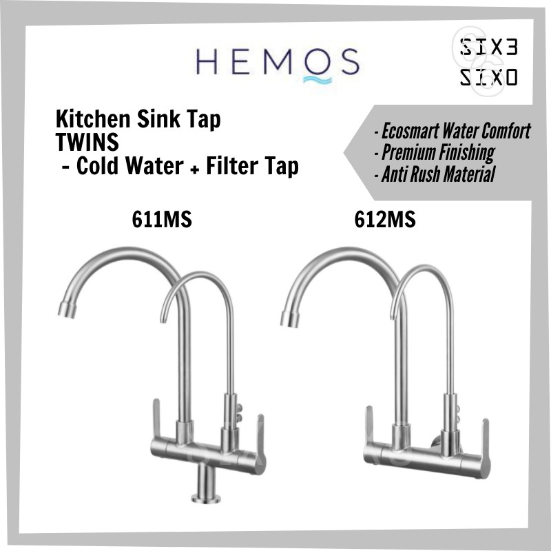 Hemos Cold Water + Filter Tap Twins Double Two Spout Pillar / Wall