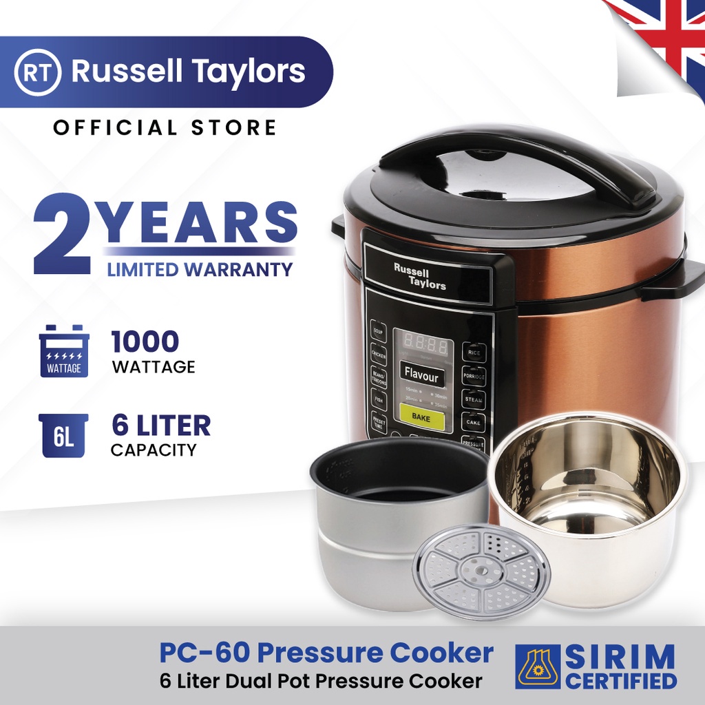 ◄●Russell Taylors Dual Pot Pressure Cooker Rice Cooker 2 Pots + Steam (6L) PC-60