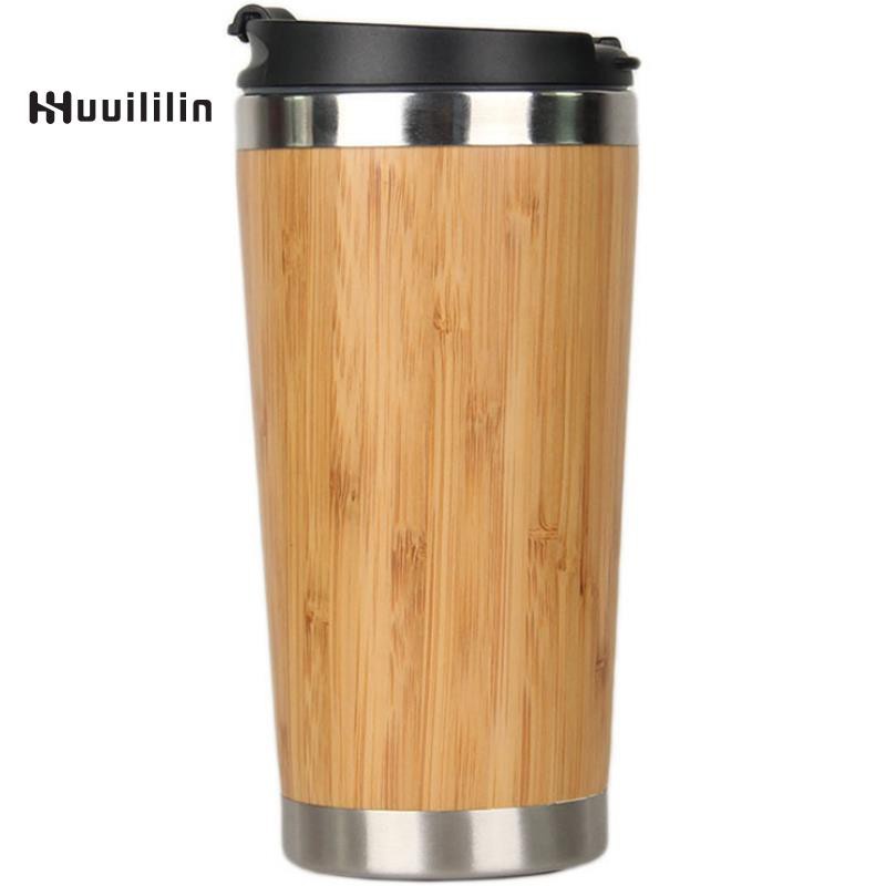 450Ml Bamboo Coffee Cup Stainless Steel Coffee Travel Mug With Leak-Proof Cover Insulated Coffee Accompanying Cup Reusable Wooden Cup