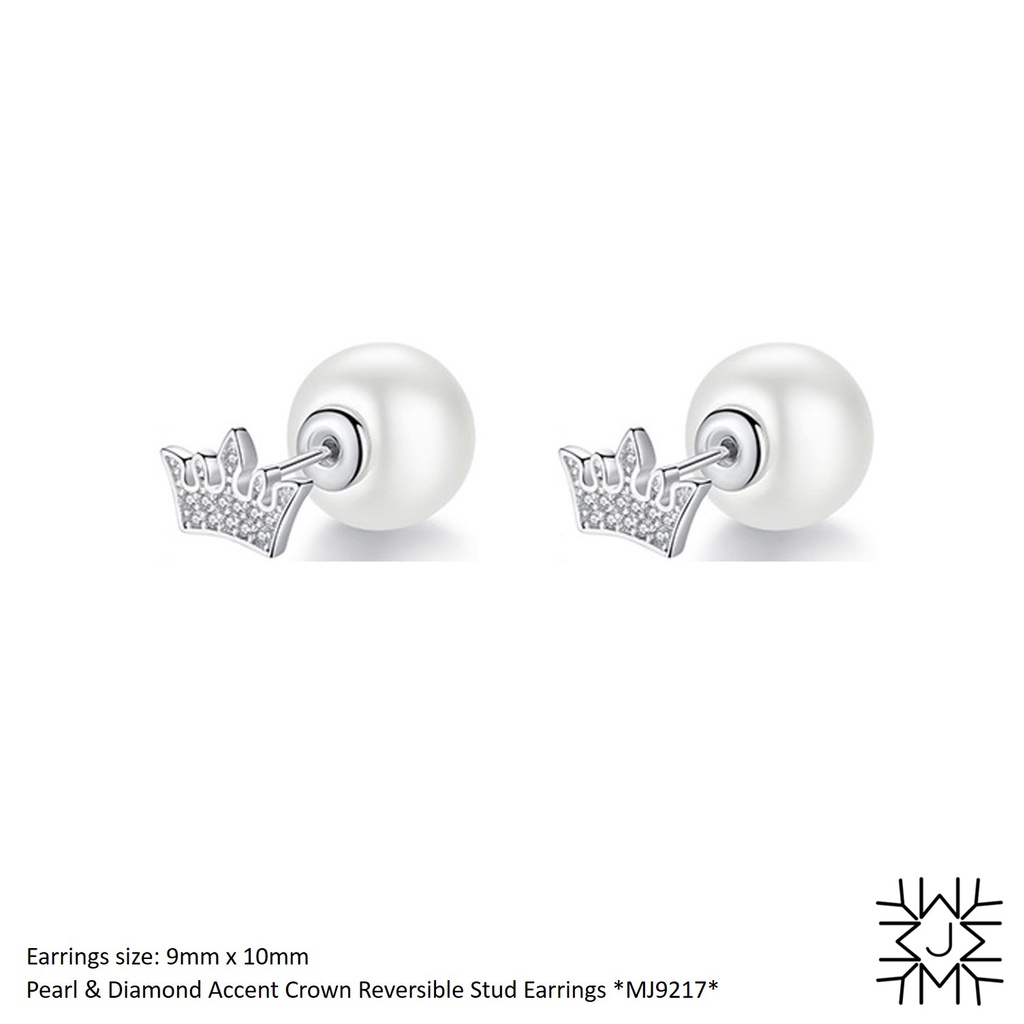 MY JEWEL 18K White Gold Plated Pearl & Diamond Accent Crown Reversible Stud Earrings with Diamond Simulants CZ